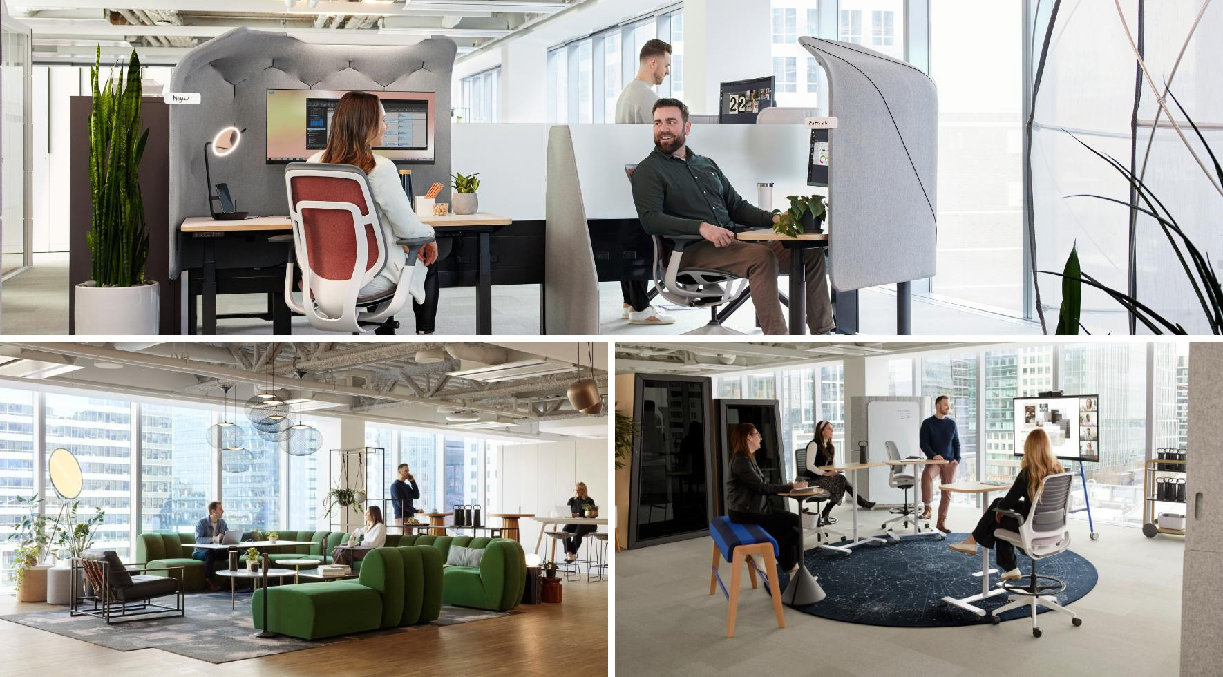 collage of modern office spaces with employees working