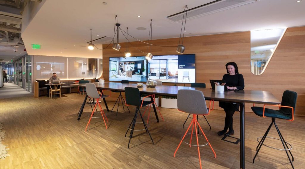 work cafe with hybrid workers in a modern office