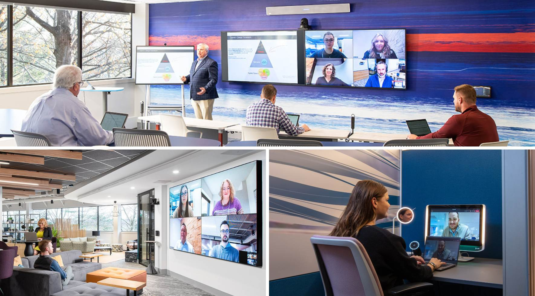 photo collage of modern hybrid office spaces