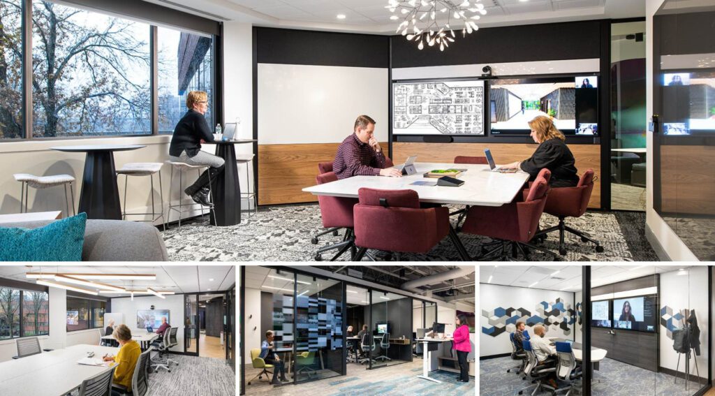 image collage of hybrid meeting rooms