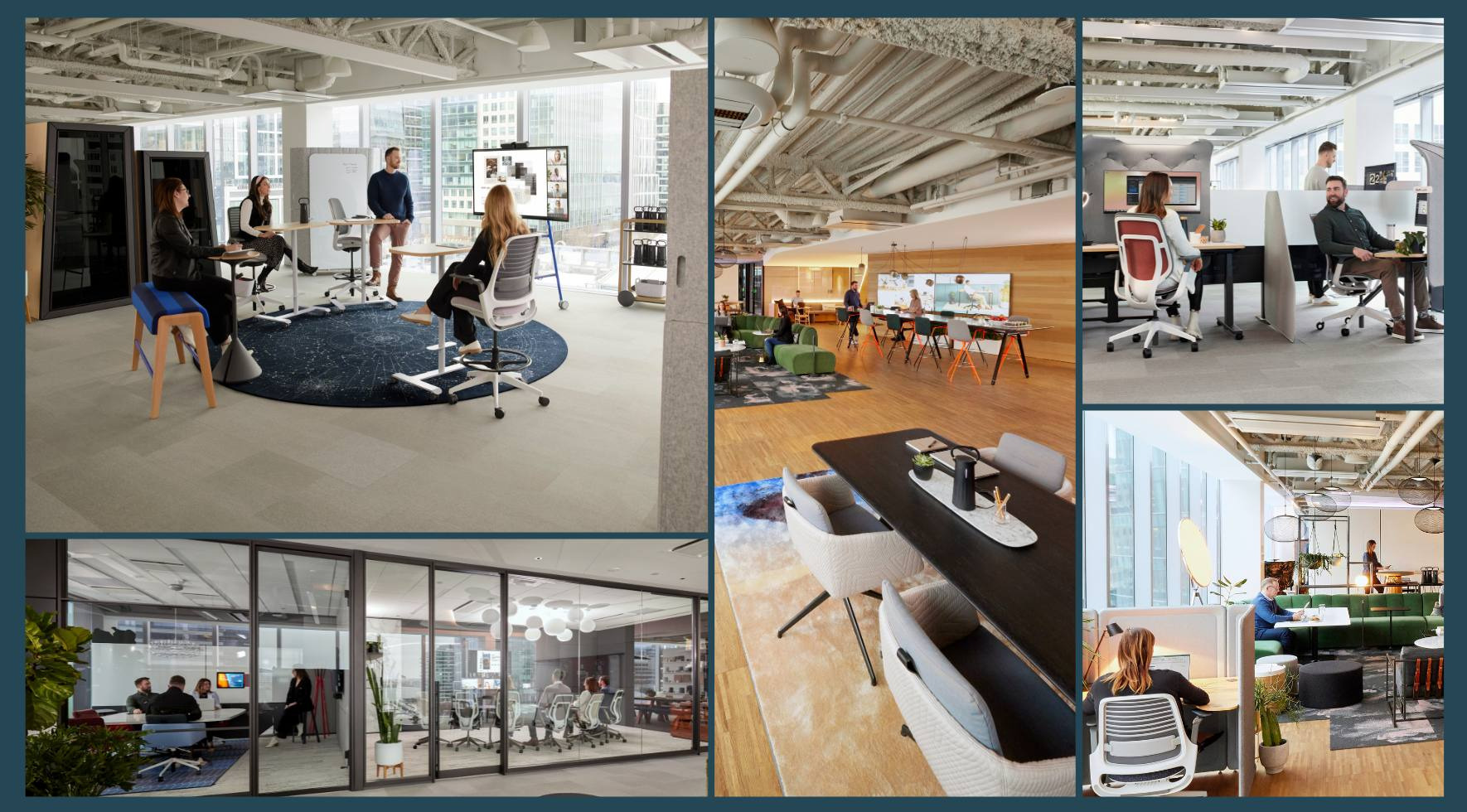 image collage of hybrid work spaces