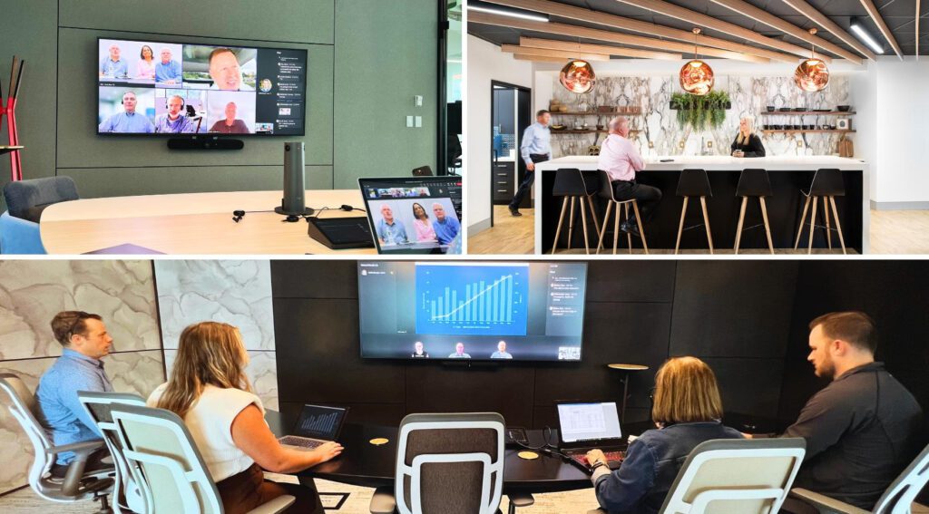 Images featuring office workers using hybrid work technology