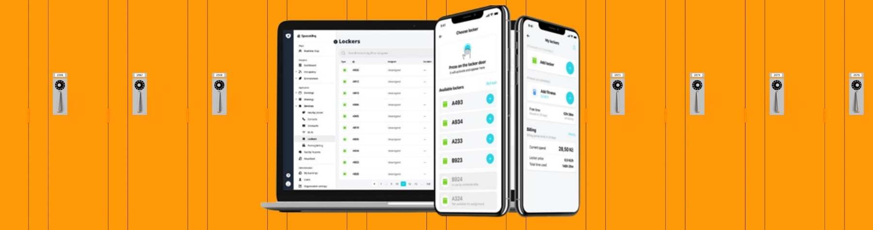 Smart locker app from Spaceti shown in front of lockers